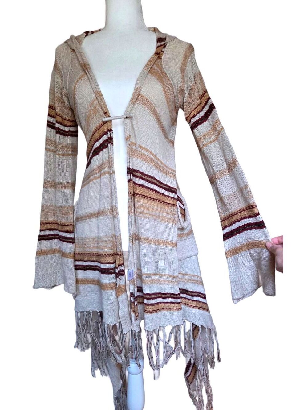 Elan Boho Cotton Asymmetrical Hem Striped Hooded Fringe Cotton Cardigan Sweater
